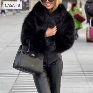 NEW💫CASA B| Heiress Black Faux Fur Jacket- Long Sleeve Lapel Collar Outerwear